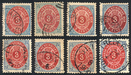 DANISH ANTILLES: Sc.6, 1874 3c., 8 Used Examples (4 With Perf 13, Sc.17), Varied Colors, Papers And Cancels, Very Intere - Dinamarca (Antillas)