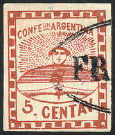 ARGENTINA: GJ.1, 5c. Small Figures, In A Extremely Rare BRIGHT RED Color, With FRANCA Cancel Of Santa Fe In Double Ogive - Andere & Zonder Classificatie