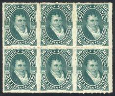 ARGENTINA: GJ.50, 1876 16c. Belgrano, Handsome Block Of 6, Mint Original Gum, VF Quality! - Used Stamps