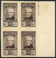 ARGENTINA: GJ.118, 1889 20P. Brown, PROOF In Very Dark Brown, Block Of 4 Printed On Thin Paper, Unlisted By Kneitschel,  - Usados