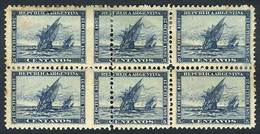 ARGENTINA: GJ.136, 1892 5c. Columbus Ships, Block Of 6 With Vertical Perforation Strongly Shifted Between The First And  - Used Stamps