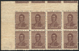 ARGENTINA: GJ.466, 1918 2c. San Martín, Unwatermarked, Corner Block Of 8 Stamps, With Part Of 4 Other Stamps Printed In  - Used Stamps