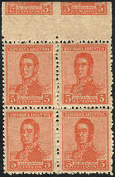 ARGENTINA: GJ.483, 1918 5c. San Martín, Marginal Block Of 4 With Partial Impression Of Other Stamps, The Top Stamps And  - Used Stamps