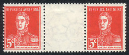 ARGENTINA: GJ.599EV, 1924 San Martín 5c. W/o Period, Horizontal GUTTER Pair, Excellent Quality, GJ Catalog Value US$100. - Used Stamps