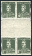 ARGENTINA: GJ.600EHB, 1924 San Martín W/o Period 10c., Block Of 4 With WHITE HORIZONTAL GUTTER, Excellent Quality, Rare, - Gebruikt