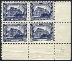 ARGENTINA: GJ.624, 1926 12c. Post Office, Unadopted ESSAY Printed On Gummed And Perforated Paper, Blue, MNH Block Of 4,  - Usados