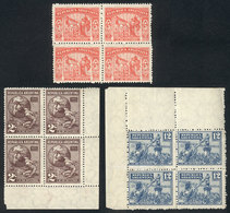 ARGENTINA: GJ.657/9 (Sc.371/3), 1929 Discovery Of America By Columbus, Set Of 3 Values In Blocks Of 4, Excellent Quality - Oblitérés