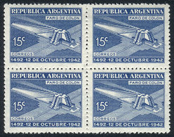 ARGENTINA: GJ.868, 1942 Columbus Lighthouse, VF Quality Block Of 4. The Bottom Stamps Are Mint Never Hinged, The Top Sta - Gebruikt