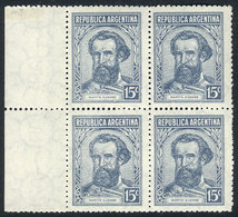 ARGENTINA: GJ.872 (Sc.436), 1942 Güemes 15c. Gray Blue,watermark Sun With Wavy Rays, Sheet Margin BLOCK OF 4, Excellent  - Used Stamps