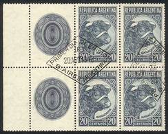 ARGENTINA: GJ.874CZ, 1942/52 Bull 20c. Imported Unsurfaced Paper (watermark Sun With Wavy Rays), Block Of 4 With Labels  - Oblitérés