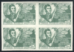 ARGENTINA: GJ.951P (Sc.569), 1947 San Martín W/o Watermark, IMPERFORATE BLOCK OF 4, Superb, GJ Catalog Value US$40. - Used Stamps
