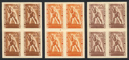 ARGENTINA: GJ.956, 1948 American Indian Day, 3 TRIAL COLOR PROOFS, Blocks Of 4 Of Excellent Quality, Very Rare! - Gebruikt