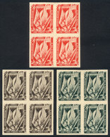 ARGENTINA: GJ.972 (Sc.584), 1949 Railroad Nationalization, 3 TRIAL COLOR PROOFS, Superb Blocks Of 4, Rare! - Used Stamps