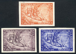 ARGENTINA: GJ.1024 (Sc.620), 1953 Corbeta Uruguay And Map Of Antarctica, 3 TRIAL COLOR PROOFS, VF Quality, Very Rare! - Oblitérés