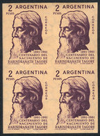 ARGENTINA: GJ.1215 (Sc.728), 1961 Rabindranath Tagore, Very Rare TRIAL COLOR PROOF, Block Of 4 Of Excellent Quality! - Gebruikt