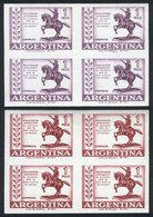 ARGENTINA: GJ.1216 (Sc.729), 1961 Statue Of San Martín On Horse, 2 TRIAL COLOR PROOFS, Blocks Of 4 Of VF Quality, Rare! - Oblitérés