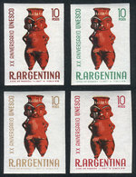 ARGENTINA: GJ.1405 (Sc.830), 1967 UNESCO 20th Anniv., Pre-Columbian Pottery, 4 Imperforate TRIAL COLOR PROOFS On Normal  - Usati