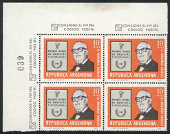 ARGENTINA: GJ.1734, 1976 Dr. Houssay, Winner Of Nobel Prize In Physiology Or Medicine, Corner Block Of 4 Printed On Rare - Gebruikt