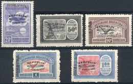 ARGENTINA: GJ.665/669, 1930 Zeppelin, Cmpl. Set Of 5 Values With GREEN Overprint, Also With Handstamped MUESTRA Overprin - Poste Aérienne