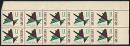 ARGENTINA: "GJ.1254, 1963 11P. Stylized Airplane, Block Of 10 Stamps (top Right Sheet Corner), The 2 On The Left Are Nor - Airmail