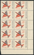 ARGENTINA: GJ.1256, 1963 21P. Stylized Airplane, Block Of 10 Stamps (lower Right Sheet Corner), Orange And Light Gray Co - Posta Aerea