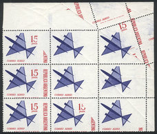 ARGENTINA: GJ.1338A, 1965 15P. Stylized Airplane, Corner Block Of 9 With Very Notable Perforation And Printing Varieties - Aéreo
