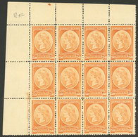 ARGENTINA: GJ.45, 1901 Liberty Head 30c. Perf 12¼, Large Corner Block Of 12, Mint Without Gum, Excellent Quality, Possib - Servizio