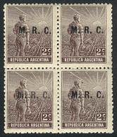 ARGENTINA: GJ.574, 1911 Plowman 2c. Overprinted M.R.C., Block Of 4, Very Fine Quality (bottom Stamps Are Unmounted), Rar - Officials