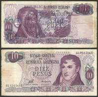 ARGENTINA: BANKNOTE WITH VARIETY: 10 Pesos With DOUBLE IMPRESSION On Back, One In Negative (of The Front), Minor Defects - Manuscripts