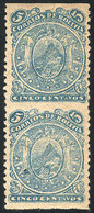 BOLIVIA: Scott 37a, 1893 5c. Coat Of Arms, Lithographed, Pair Imperforate Horizontally, Minor Defect, Good Appearance, R - Bolivie