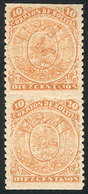 BOLIVIA: Sc.38, 1893 10c. Coat Of Arms, Lithographed, Vertical Pair IMPERFORATE Horizontally, VF Quality, Unlisted By Sc - Bolivië