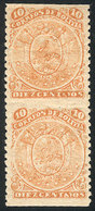 BOLIVIA: Sc.38, 1893 10c. Coat Of Arms, Lithographed, Vertical Pair IMPERFORATE Horizontally, VF Quality, Unlisted By Sc - Bolivien