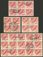 CHILE: Attractive Blocks Of 15 And 6 + 2 Blocks Of 4, All Used, Of The 500$ Airmail Stamp Of 1955/60 (unwatermarked), Ve - Chili