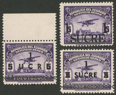 ECUADOR: Sc.279, 1955 1S. On 5S. Violet, 3 Examples With 2 Different Overprints, MNH, Excellent Quality! - Equateur