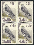 ICELAND: Sc.323, 1959/60 25Kr. Gyrfalcon, MNH Block Of 4, VF Quality! - Ungebraucht