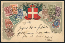 ITALY: Old PC Illustrated With Postage Stamps And Coat Of Arms, Used In 1905, VF Quality! - Firenze