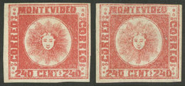 URUGUAY: Sc.6, 1858 240c. Vermilion, 2 Examples In Different Shades, Mint Without Gum, VF Quality! - Uruguay