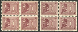 URUGUAY: Sc.418, 1932 1P. Poet Juan Zorrilla De San Martín, 2 MNH Blocks Of 4, DIFFERENT SHADES, Excellent Quality, Cata - Uruguay