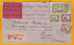 1931 - Enveloppe Par Avion Reco De Hanoi, Tonkin, Indochine Vers Rabat, Maroc Via Saigon Et Marseille - Briefe U. Dokumente