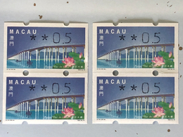 MACAU ATM LABELS, 1999 LOTUS FLOWER BRIDGE ISSUE - ERROR CUTTING X 2 VERTICAL PAIRS WITH DIFF. COLOUR SHADE - Automatenmarken