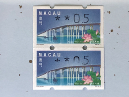 MACAU ATM LABELS, 1999 LOTUS FLOWER BRIDGE ISSUE - ERROR CUTTING & PRINTING - VERTICAL PAIR - DOUBLE ERROR - Automatenmarken