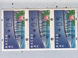 MACAU ATM LABELS, 1999 LOTUS FLOWER BRIDGE ISSUE - ERROR CUTTING - VERTICAL STRIP OF 3 W/COLOUR SHADE - - Distributori