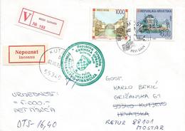 Croatia 1993 Kutjevo Border Bosnia-Herzogewina War Zone Mixed Franking Returned Censored Value V Registered Cover - Militaria