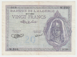 Algeria 20 Francs 1943 VF++ CRISP Banknote Pick 92a 92 A - Algeria