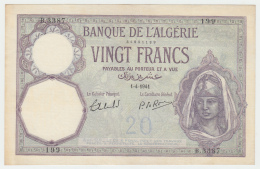 Algeria 20 Francs 1941 XF+ Banknote Pick 78c 78 C - Algérie