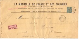 Semeuse Lettre Recommandé Papiers D Affaires Hexagonale Lyon 1 Rhone Mutuelle De France Et Des Collonies Perforé MFC - Sonstige & Ohne Zuordnung