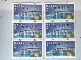 MACAU ATM LABELS, 1999 LOTUS FLOWER BRIDGE ISSUE - ERROR CUTTING - VERTICAL STRIP OF 3 X 2 W/COLOUR SHADE - - Automaten