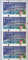 MACAU ATM LABELS, 1999 LOTUS FLOWER BRIDGE ISSUE - ERROR CUTTING - VERTICAL STRIP OF 4, TONING - Automatenmarken