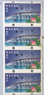 MACAU ATM LABELS, 1999 LOTUS FLOWER BRIDGE ISSUE - ERROR CUTTING - VERTICAL STRIP OF 4, TONING - Distribuidores