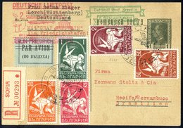 1933 2nd South America Flight Bulgarian Registered Acceptance Postcard To Pernambuco, Franked Twelve 'Dove' Airmails To  - Autres & Non Classés